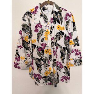 Chico's Button Up Shirt White with Multi Floral Cuff Sleeves Womans 3/XL